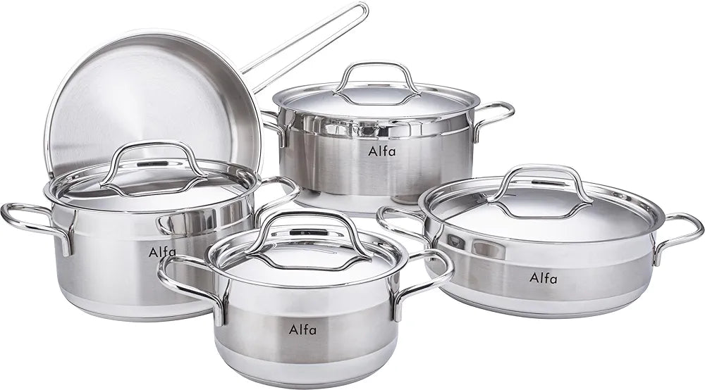 AVCI Alfa 9Pcs Stainless Steel 18/10 Cookware Set with Induction & Solar Base | Made in Turkey |5-Year Warranty