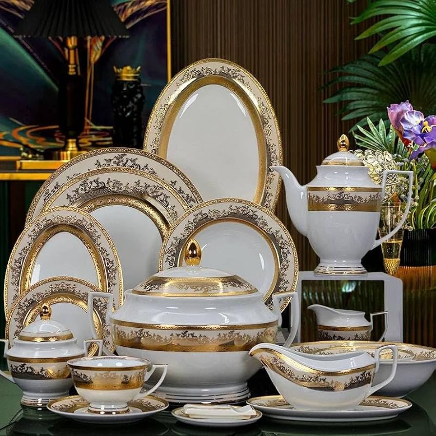 Dinner Plates,Classic Pottery tableware,Ceramics Dinnerware Set, European Luxury | 52 Pieces Lotus Pattern Bone China Dinner Set