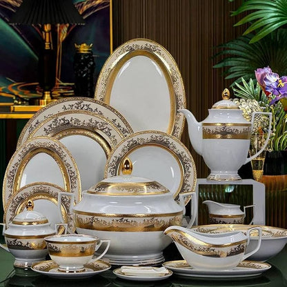 Dinner Plates,Classic Pottery tableware,Ceramics Dinnerware Set, European Luxury | 52 Pieces Lotus Pattern Bone China Dinner Set