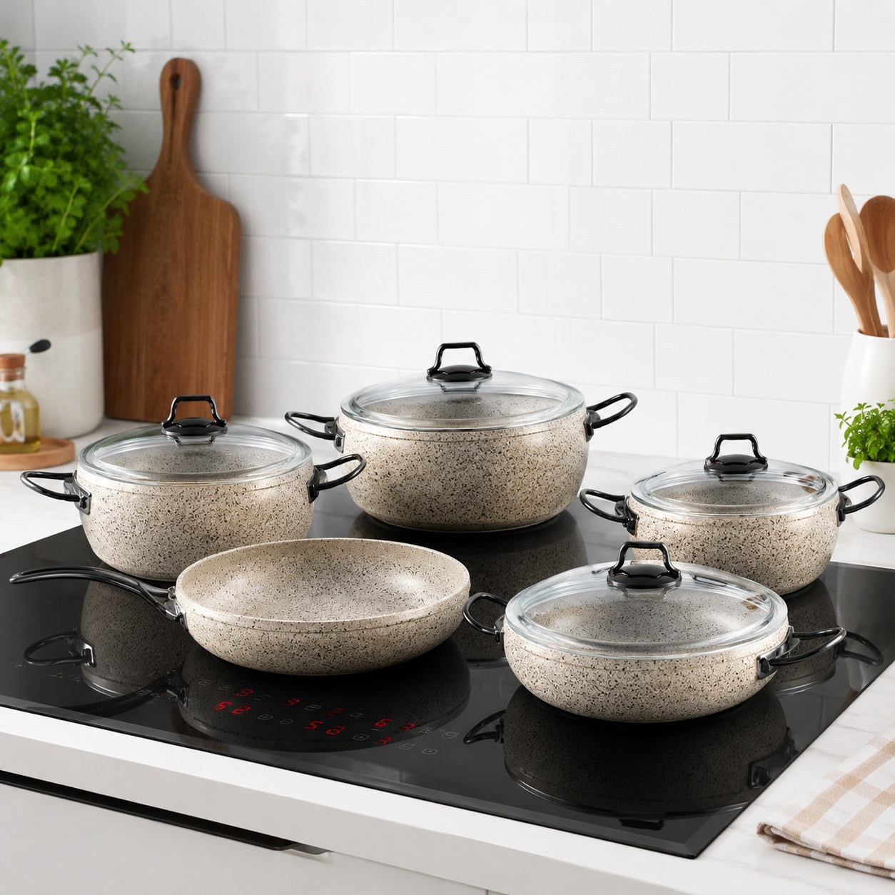 5-Piece Granite Nonstick Cookware Set with Glass Lids – Induction Compatible (Copy)