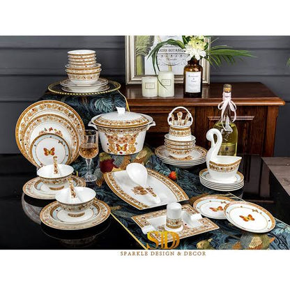 Dinner Plates,Classic Pottery tableware,Ceramics Dinnerware Set, European Luxury | 52 Pieces Lotus Pattern Bone China Dinner Set