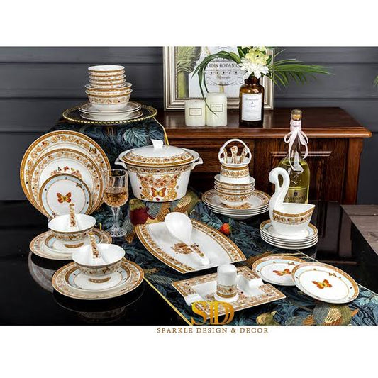 Dinner Plates,Classic Pottery tableware,Ceramics Dinnerware Set, European Luxury | 52 Pieces Lotus Pattern Bone China Dinner Set