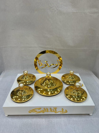 Luxurious Arabic-Inspired Sweet Tray with Gold-Plated Lidded Containers and Elegant Calligraphy